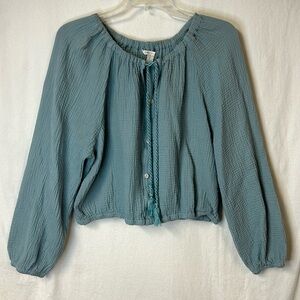 CATO Women’s Cropped Top Size L Soft Teal Button Front Tie Waffle Texture Fabric